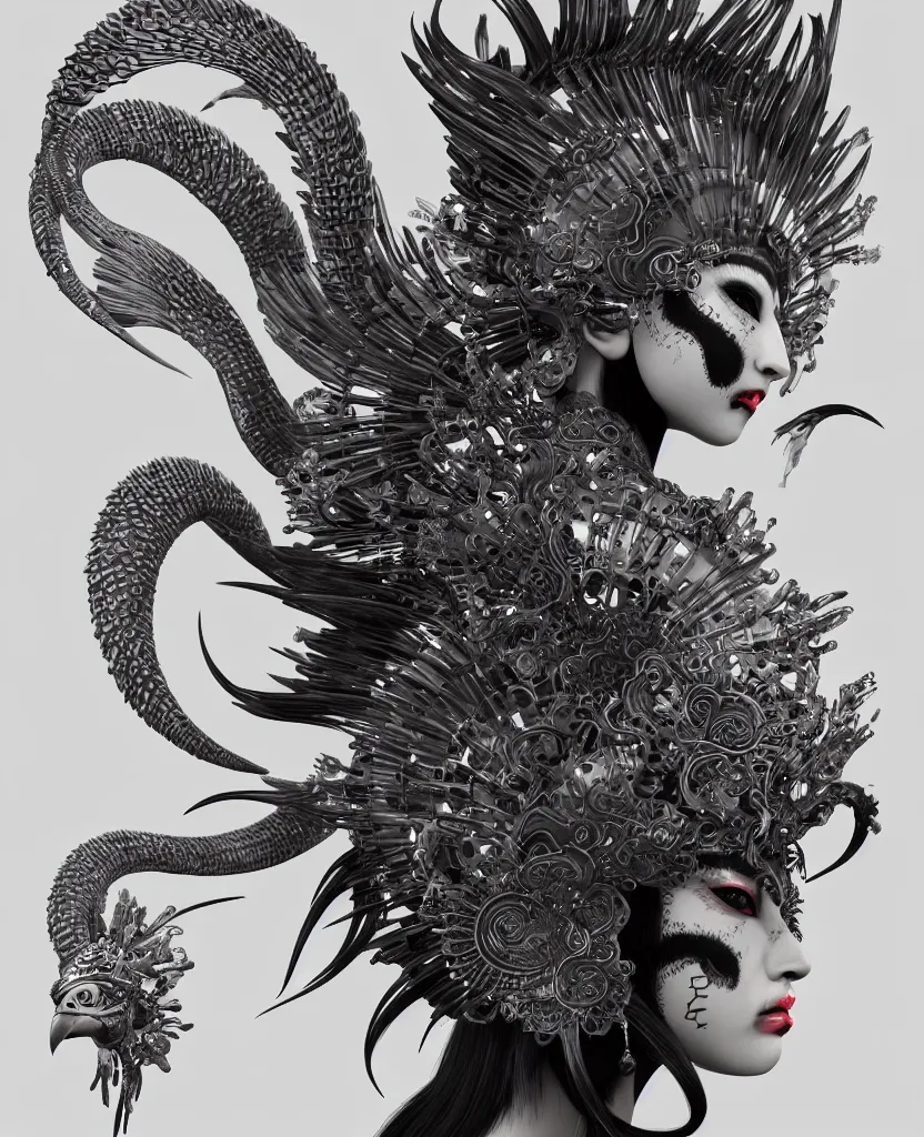 Image similar to 3 d goddess close - up profile portrait punk with mohawk with ram skull. beautiful intricately detailed japanese crow kitsune mask and clasical japanese kimono. betta fish, jellyfish phoenix, bio luminescent, plasma, ice, water, wind, creature, artwork by tooth wu and wlop and beeple and greg rutkowski