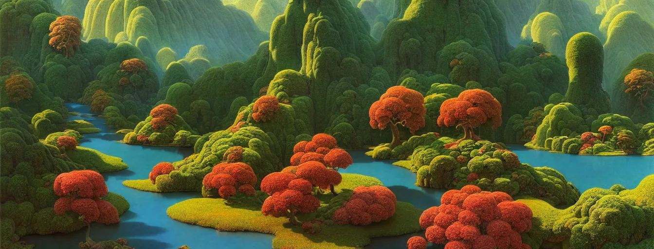 Image similar to a gorgeous very early spring series of lush islands separated by flower - lined streams, twisted gardens, painting by barlowe wayne maxfield parrish and marco mazzoni. tree no leaf!!!! china mountain village!! very little light verdancy. ultra clear detailed. 3 d, octane render. turbulent blood lake.