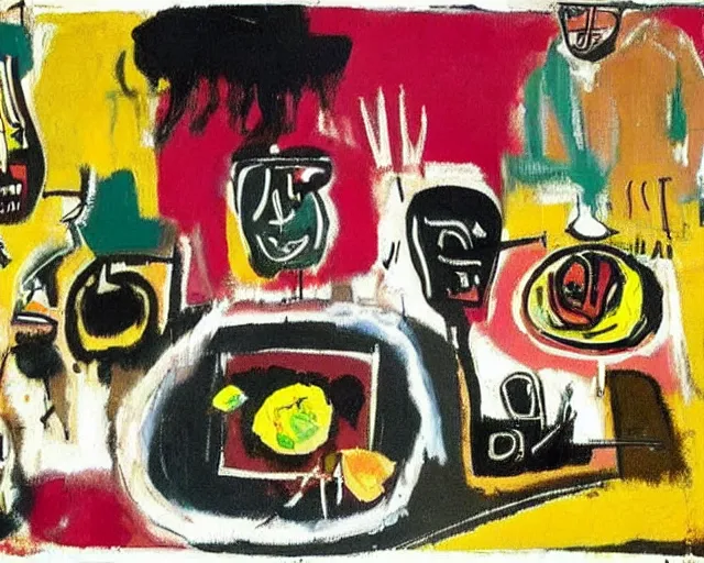 Image similar to painting of a dinner table with food by graham sutherland, basquiat!!, neo - expressionism, muted colors!