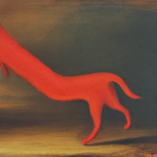 Image similar to Red long dog chasing its own tail. in the art style of William Turner. Minimalistic composition. High resolution. High details.