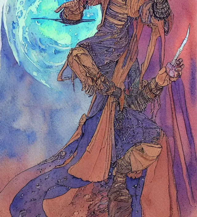 Prompt: a 3 / 4 view watercolor ink painting of an android shaman / wizard casting a spell in the style of jean giraud in the style of moebius trending on artstation deviantart pinterest detailed realistic hd 8 k high resolution