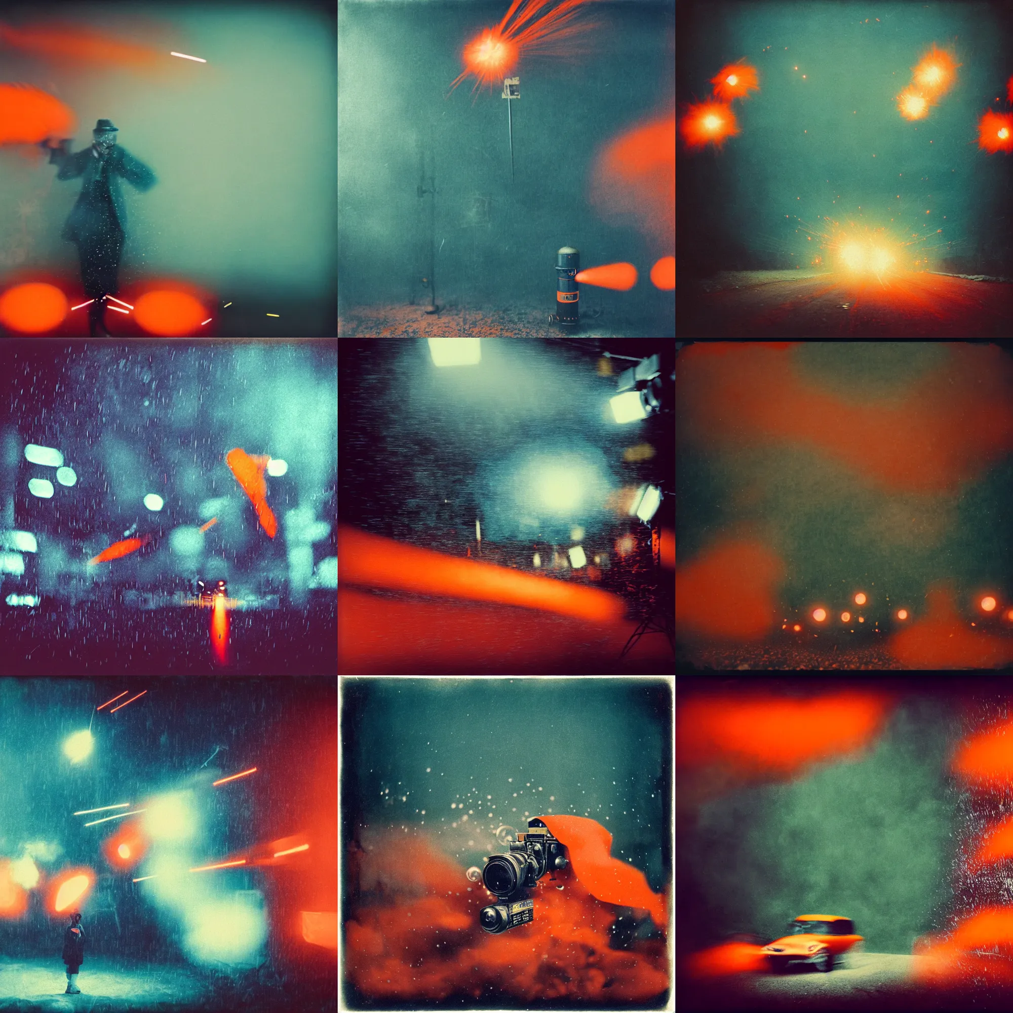 Prompt: kodak portra 4 0 0, wetplate, muted colours, blueberry and orange and teal, movie clockwerk orange, 1 9 1 0 s style, motion blur, portrait photo of a backdrop, explosions, rockets, bombs, sparkling, snow, fog, by georges melies and by britt marling