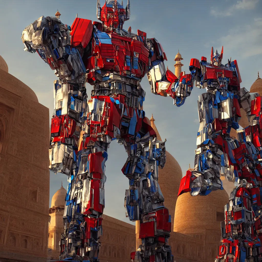 Image similar to optimus prime standing near taj mahal, octane render, volumetric lighting, art by furio tedeschi, hyper detailed