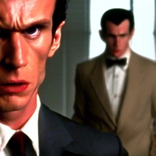 Image similar to a still of a Draconian in the American Psycho (2000), doing the Bateman stare, cinematic still, 4K Bluray