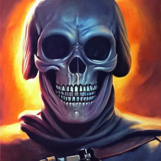 Prompt: ultra realistic portrait painting of skeletor as han solo, art by frank frazetta, 4 k, ultra realistic, highly detailed, epic lighting