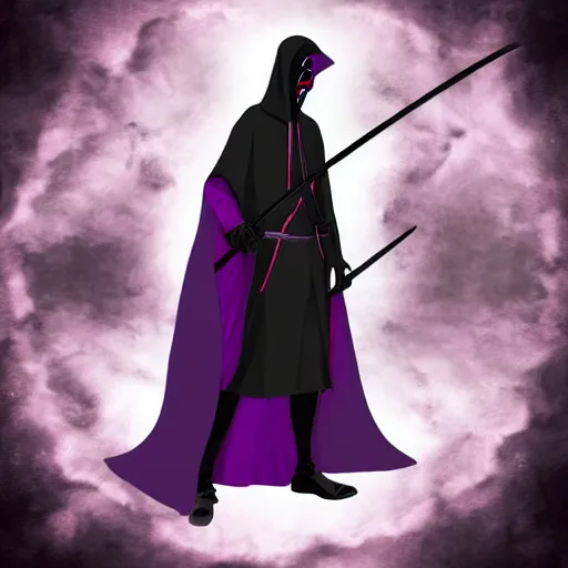 Image similar to grim reaper, purple cloak, full body, scythe