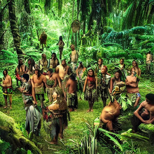 Prompt: a tribal gathering in a dense rainforest, cinematic, realistic, photograph