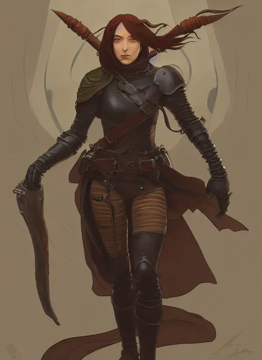 Image similar to strong female rogue in leather armor and cloak, path traced, highly detailed, high quality, digital painting, by studio ghibli and alphonse mucha, leesha hannigan, makoto shinkai, disney