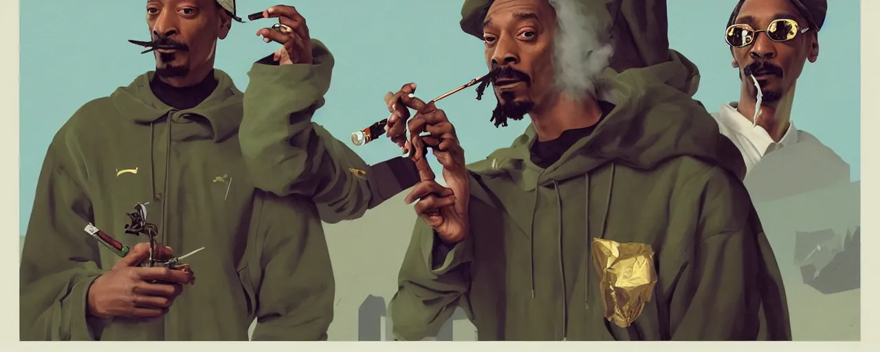 Image similar to duotone olive illustration 3 / 4 portrait of snoop dogg smoking joints with gandalf and elon musk composition accidental renaissance golden ratio. by sachin teng and sergey kolesov and ruan jia and heng z. graffiti art, scifi, fantasy, hyper detailed. octane render. concept art. trending on artstation