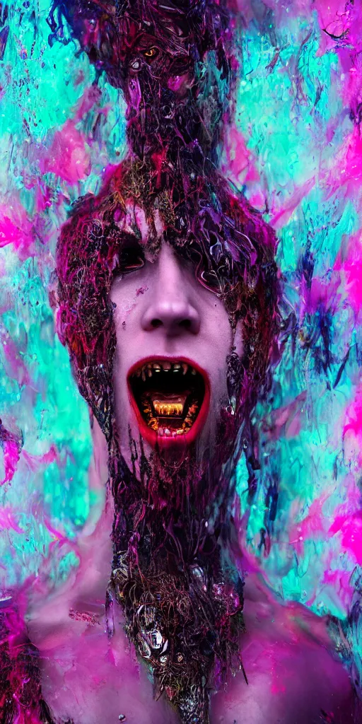 Image similar to impossibly beautiful vampire with large vampire fangs, full body, intricate complexity, horror, psychedelic glitch art, rainbow drip paint, trending on art station, photoreal, 8k, octane render