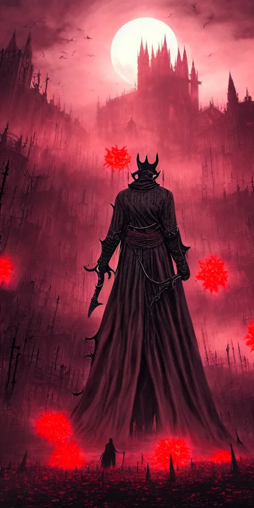 Image similar to populated bloodborne old valley with a dark person at the centre and a ruined gothic city in the background, trees and stars in the background, falling red petals, epic red - orange moonlight, perfect lightning, wallpaper illustration by niko delort and kentaro miura, 4 k, ultra realistic