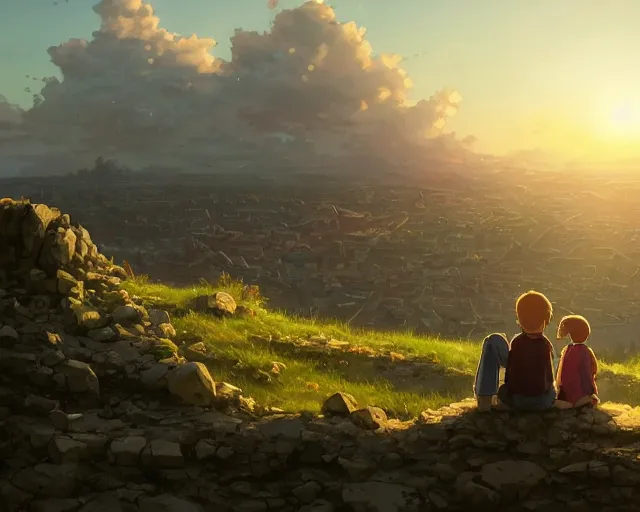 Image similar to a boy and a girl sitting on a hill overlooking the apocalyptic ruins of a city, rubble, ruins, post-apocalyptic, gloomy, end of the world, dust. By Makoto Shinkai, Stanley Artgerm Lau, WLOP, Rossdraws, James Jean, Andrei Riabovitchev, Marc Simonetti, krenz cushart, Sakimichan, D&D trending on ArtStation, digital art.