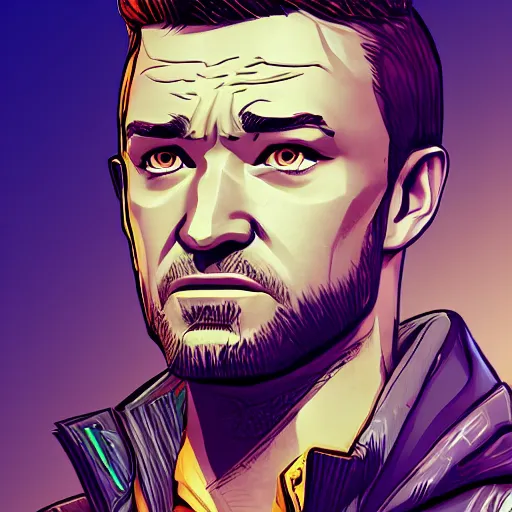 Prompt: justin timberlake portrait, borderlands, tales from the borderlands, the wolf among us, comic, cinematic lighting, studio quality, 8 k