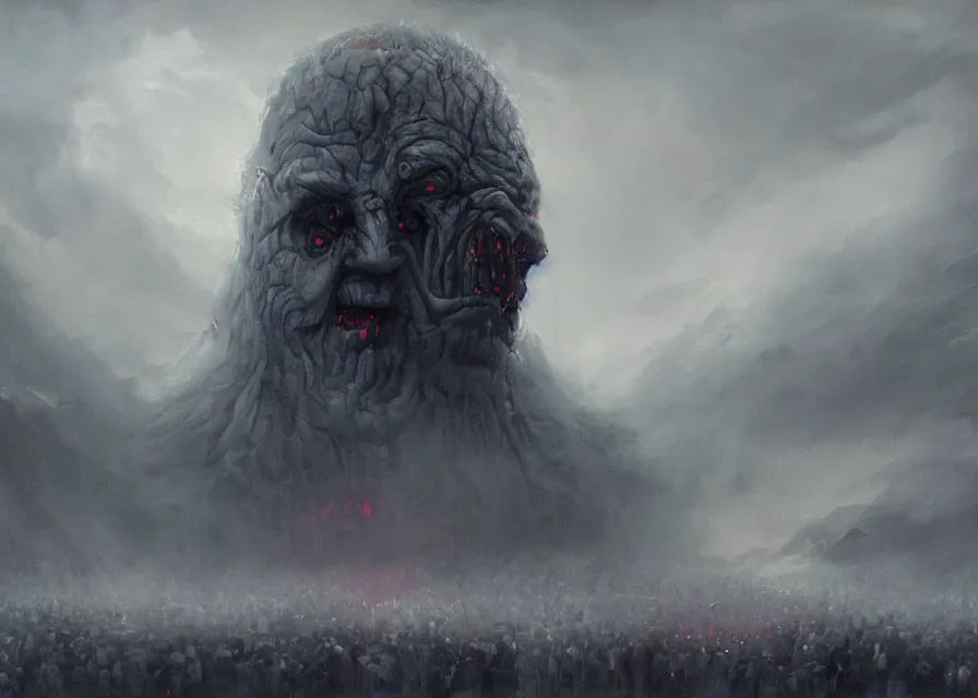 Prompt: abstract painting of giant Joe Biden smiling evil emperor of the world emerging in dark clouds, Sidious, immense crowd of people, noxious, cosmic horror, evil, dangerous, trending on ArtStation, masterpiece, by Greg Rutkowski, by Ross Tran, by Fenghua Zhong, octane, lightbeam eyes, soft render, clear facial features, oil on canvas, moody lighting, cinematic, professional environment concept art