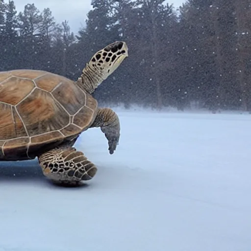 Prompt: giant turtles snow boarding