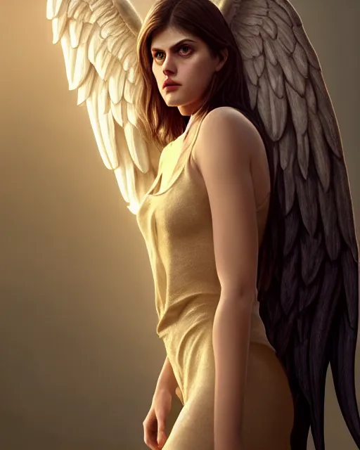 Prompt: Fullbody potrait of Alexandra Daddario as an angel, hyper realistic, prismatic highlights, atmosphere, gorgeous, depth of field, cinematic, macro, concept art, 50mm, artstation, wlop, elegant, epic, weta digital, focus, octane render, v-ray, 8k, kodak portra, art by Liberatore