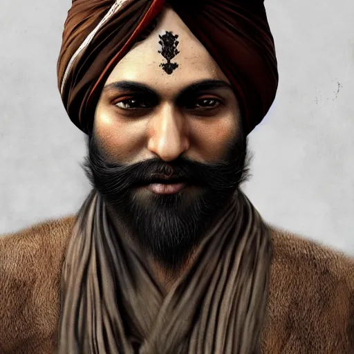 Prompt: Ultrawide Portrait of a Very handsome Indian wearing a turban and have a big beard, Bloodborne concept art, trending on Artstation, photorealistic image, 8k