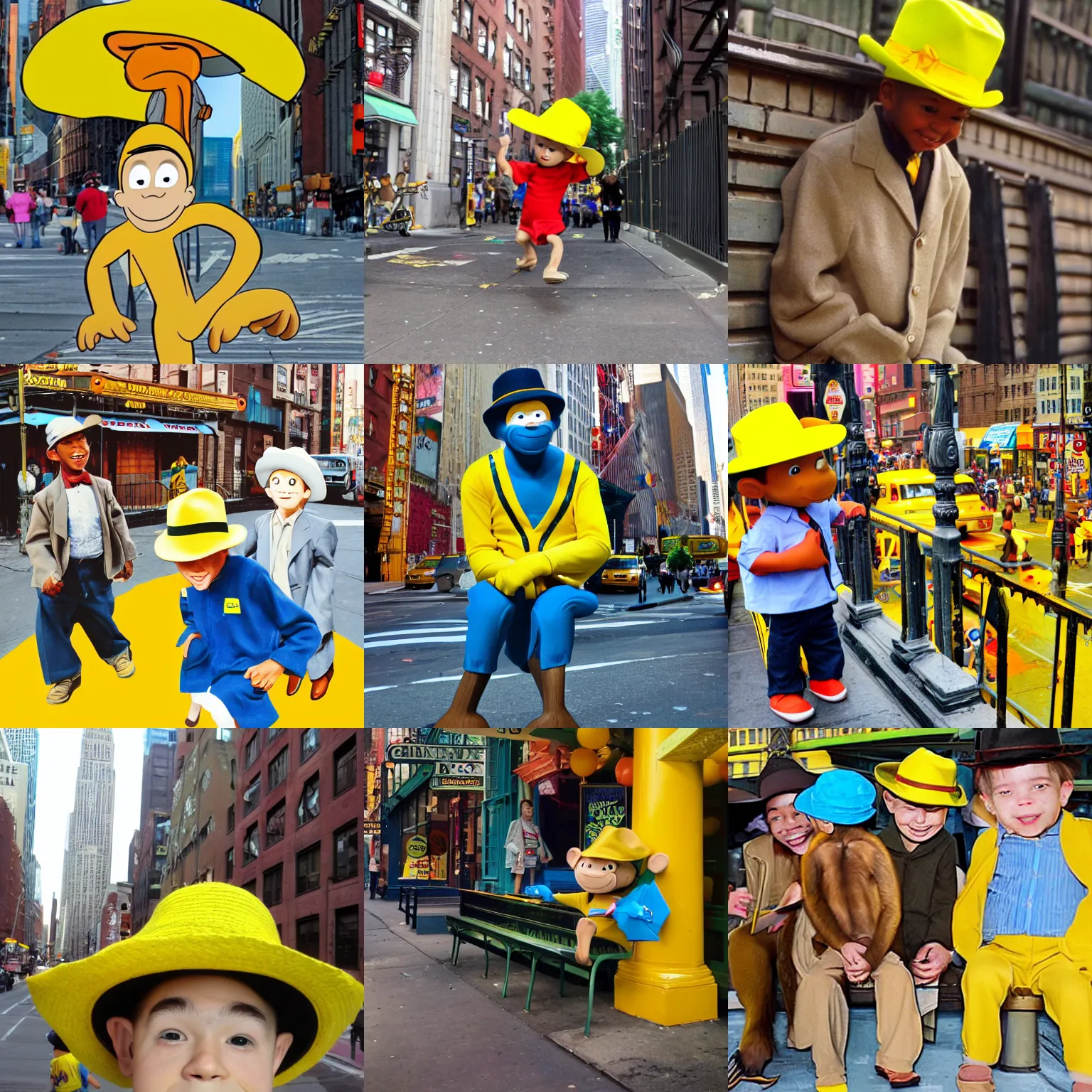 Prompt: curious. like curious george. swang. curious george man in the yellow hat. the curious monkey in new york city.