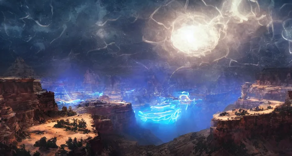 Prompt: night, a lot of people and a white luminous attractor is floating in grand canyon, concept art, art for the game, professional lighting, art