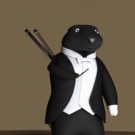 Image similar to marmot in a tuxedo while holding a pencil looks to the camera, digital art, 3 d rendered in octane, blender, maya, shadows, lighting, cute