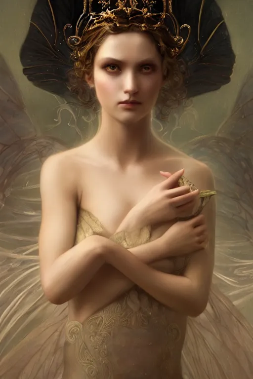 Image similar to a portrait of elegant beautiful dark nymph, queen of the dark fairies, bored, illustration, dramatic lighting, soft details, painting oil on canvas, art nouveau, octane render, HDR, 4k, 8k, HD, by Edmund Blair Leighton, Brom, Charlie Bowater, trending on artstation, faces by Otto Schmit