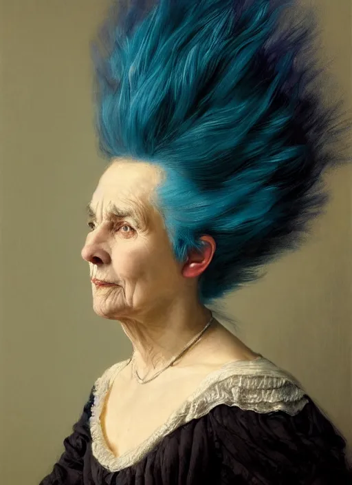 Prompt: a detailed portrait of old woman with a extravagant mohawk by edouard bisson, blue hair, punk rock, oil painting, muted colours, soft lighting