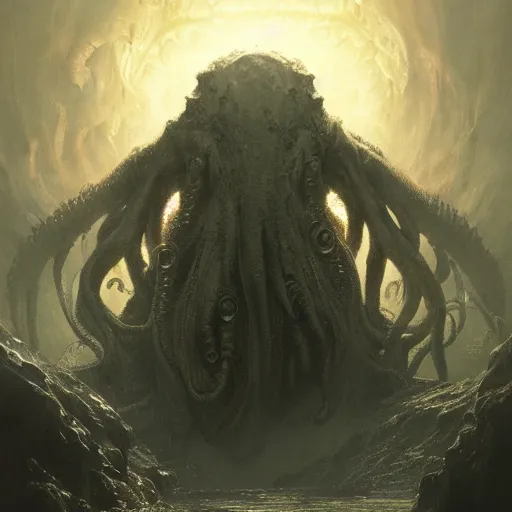 Image similar to human looking at big monstrosity portrait of Cthulhu, hyperdetailed, artstation, cgsociety, by greg rutkowski, by Gustave Dore