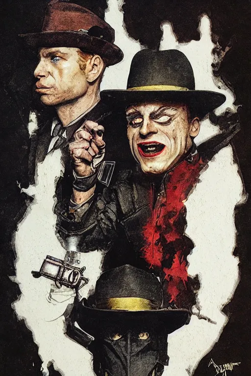 Image similar to Rorschach and The Comedian aka Edward Morgan Blake from the movie Watchmen painted by Norman Rockwell, Greg Rutkowski and Dave Gibbons, high detailed perfect faces, trending on Artstation, page scan from book, fine details