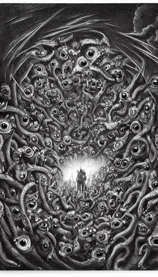 Image similar to a storm vortex made of many demonic eyes and teeth, by andre francois