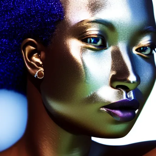 Prompt: portrait of metallic face, african woman, mercury, reflections, smooth texture, liquid metal, proud, looking away, outdoor, blue sky, 8 k, realistic, depth of field, highly detailed, award winning photography