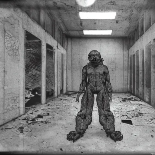 Prompt: photograph of the interior abandoned soviet research lab, weird humanoid monster in the background, liminal space, rundown, backrooms, fluorescent lights, surreal ambiance, film grain, polaroid, brutalist, artstation