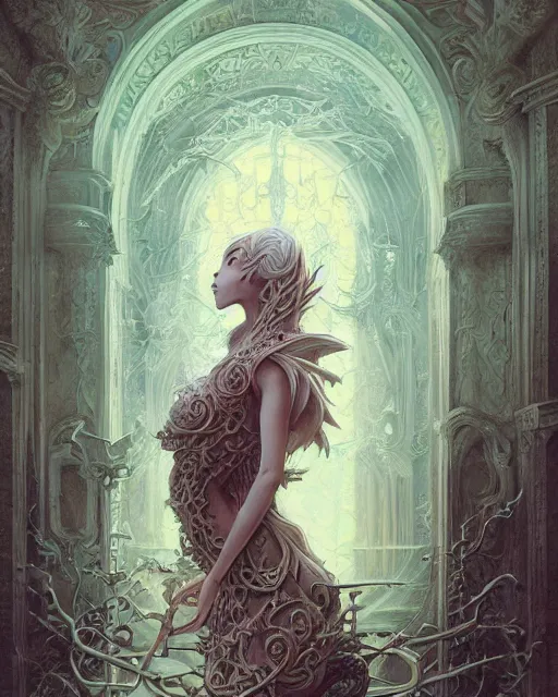 Prompt: a beautiful detailed front view of a pretty anime girl with ornate growing around, ornamentation, baroque architecture, elegant, beautifully soft lit, by wayne barlowe, peter mohrbacher, kelly mckernan