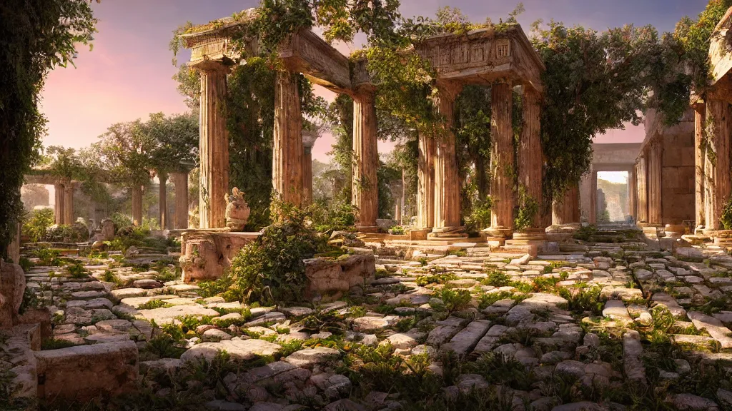 Image similar to a photorealistic hype realistic render of an interior of a beautifully decorated ancient greek garden, by pixar, greg rutkowski, wlop, artgerm, dramatic moody sunset lighting, long shadows, volumetric, cinematic atmosphere, octane render, artstation, 8 k