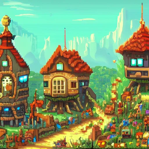 Image similar to pixel art fantasy town, game concept art, illustration,