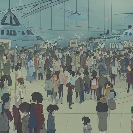 Prompt: A crowded old helicopters station, by Dice Tsutsumi, Makoto Shinkai, Studio Ghibli