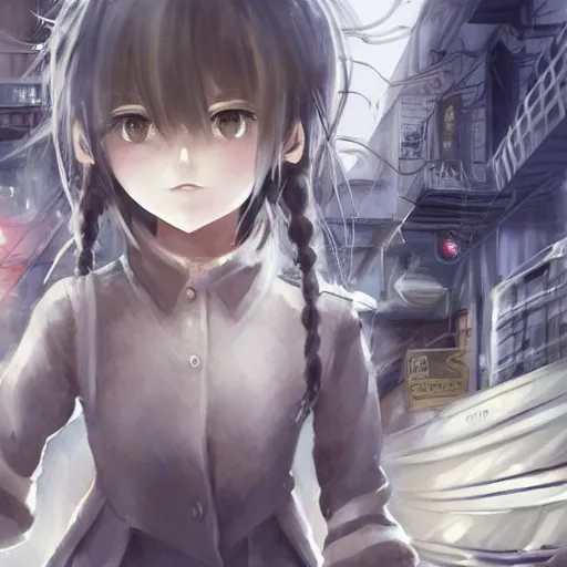 Image similar to dynamic composition, motion, ultra-detailed, incredibly detailed, a lot of details, amazing fine details and brush strokes, colorful and grayish palette, smooth, HD semirealistic anime CG concept art digital painting, watercolor oil painting of Clean and detailed post-cyberpunk sci-fi close-up schoolgirl in asian city in style of cytus and deemo, blue flame, relaxing, calm and mysterious vibes,, by a Chinese artist at ArtStation, by Huang Guangjian, Fenghua Zhong, Ruan Jia, Xin Jin and Wei Chang. Realistic artwork of a Chinese videogame, gradients, gentle an harmonic grayish colors. set in half-life 2, Matrix, GITS, Blade Runner, Neotokyo Source, Syndicate(2012), dynamic composition, beautiful with eerie vibes, very inspirational, very stylish, with gradients, surrealistic, dystopia, postapocalyptic vibes, depth of field, mist, rich cinematic atmosphere, perfect digital art, mystical journey in strange world