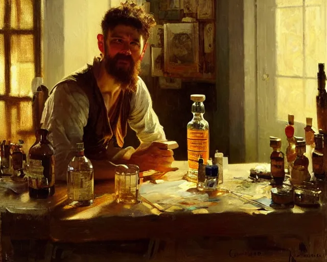 Image similar to an exhausted painter in his studio with a bottle of whisky. highly detailed painting by gaston bussiere, craig mullins, j. c. leyendecker 8 k