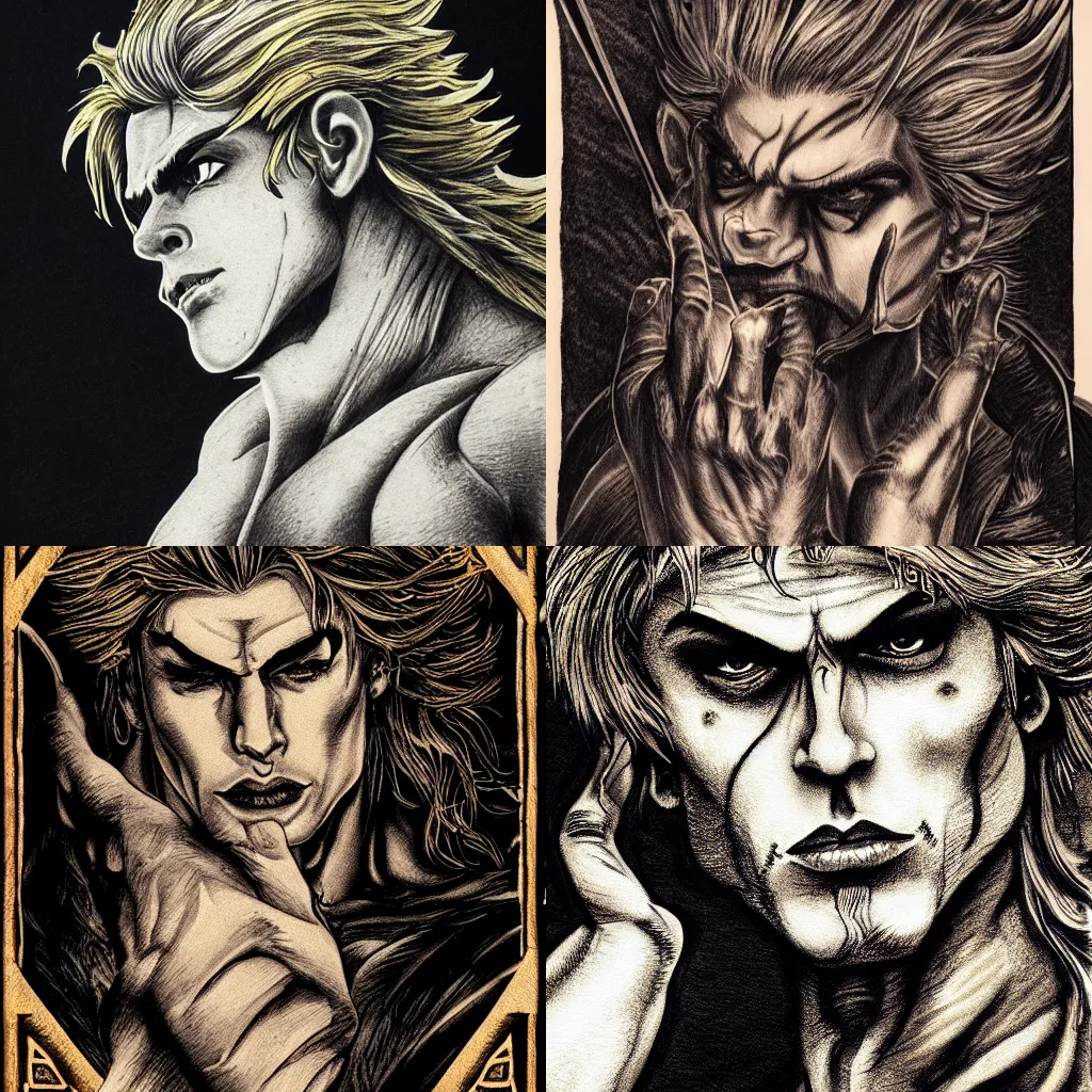 Prompt: Portrait of dio brando displaying his scar on neck, high fantasy, black paper, dark atmosphere, detailed, cinematic, ornate, tarot card, highly detailed, ink illustration, golden ratio, 8k