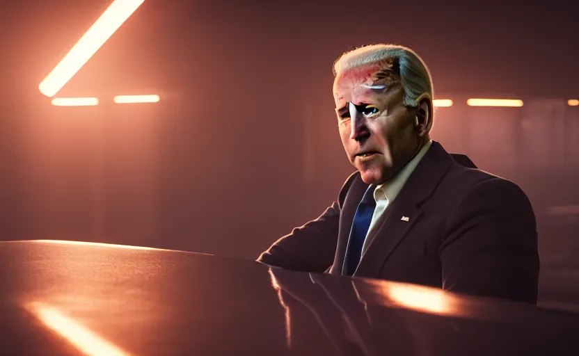 Prompt: Epic cinematic film still of Joe Biden in Blade Runner 2049. daylight. sunlight. lens flare. light fixtures. 8K. detailed. photorealism. artstation. 25mm f/1.7 ASPH Lens. ultra realistic