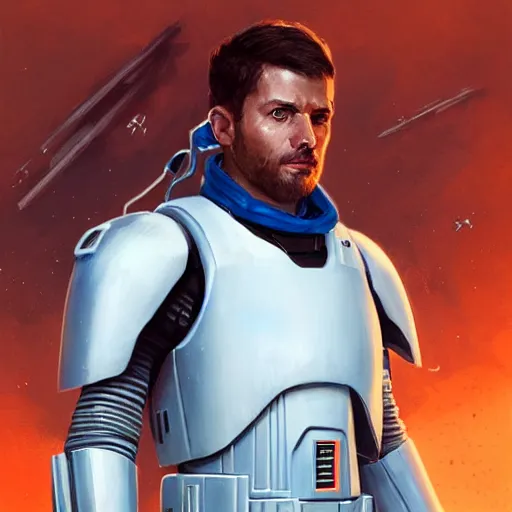 Image similar to portrait of a man by greg rutkowski, a soldier of the new galactic republic, wearing a white, blue and orange tactical gear, star wars expanded universe, highly detailed portrait, digital painting, artstation, concept art, smooth, sharp foccus ilustration, artstation hq