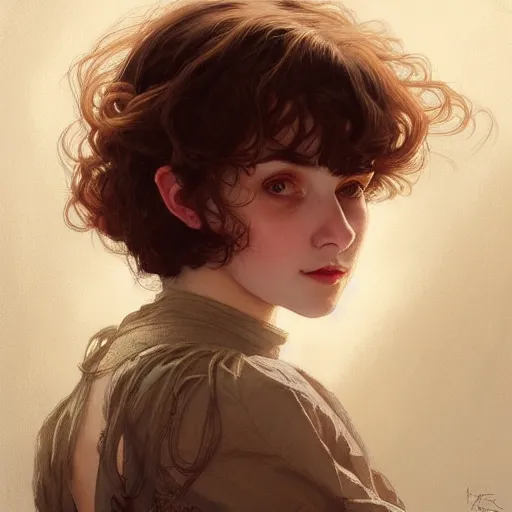 Image similar to portrait of a welsh teenage girl with brown hair, glowing skin, delicate features, amelie poulain, fantasy, intricate, elegant, dress shirt, highly detailed, digital painting, artstation, concept art, smooth, sharp focus, illustration, art by Krenz Cushart and Artem Demura and alphonse mucha