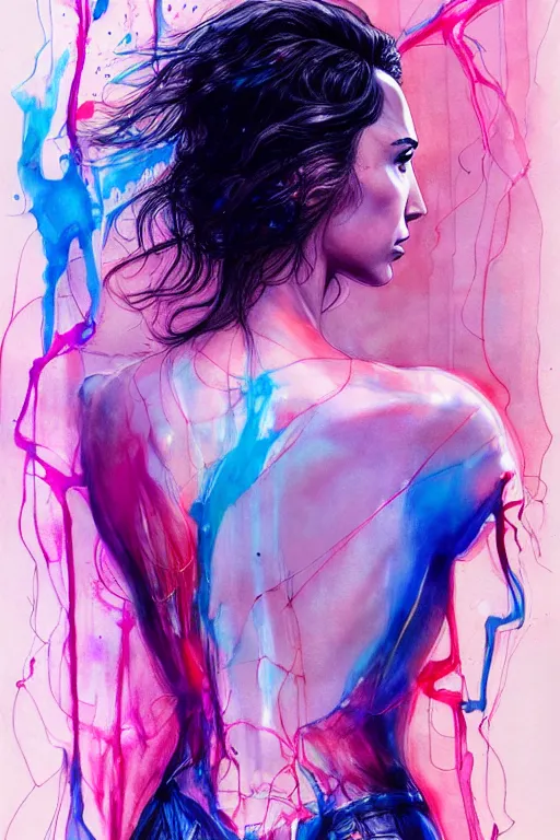 Image similar to gal gadot by agnes cecile enki bilal moebius, intricated details, 3 / 4 back view, full body portrait, extremely luminous bright design, pastel colours, drips, autumn lights