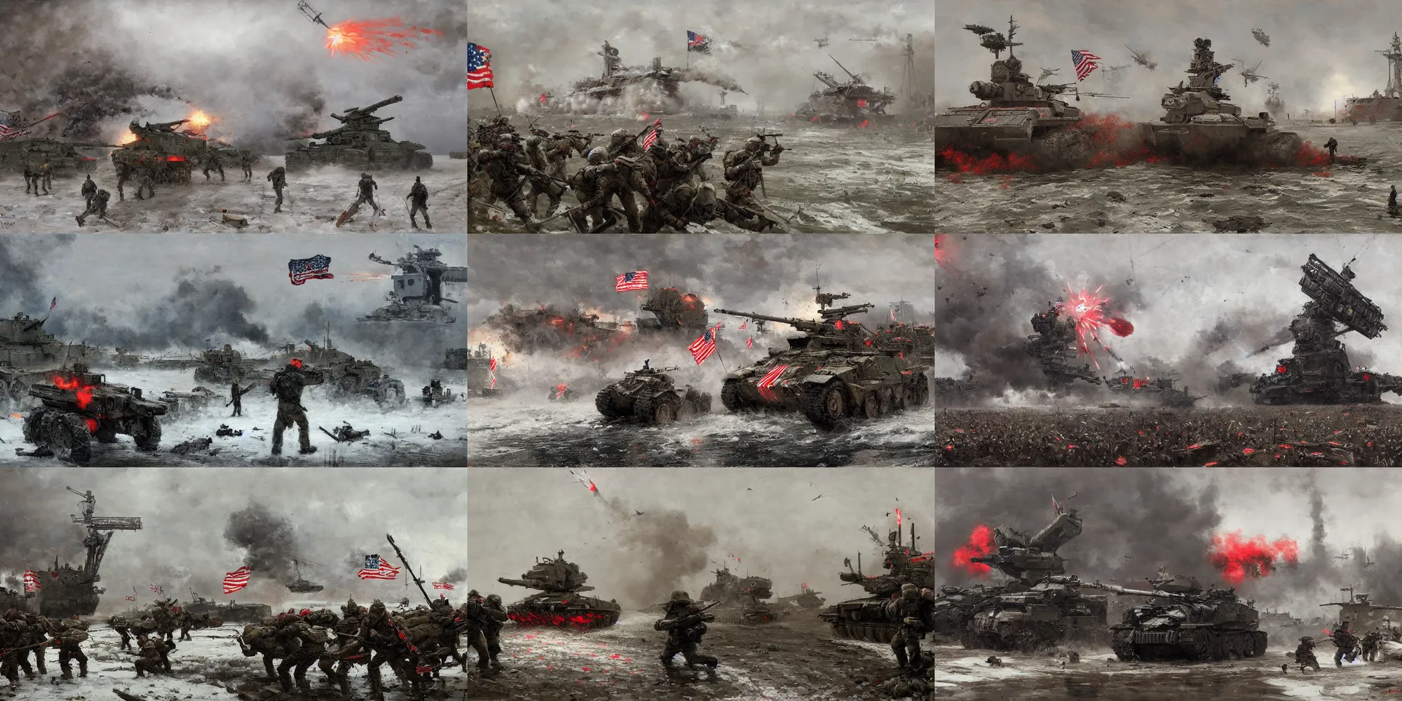 Prompt: usa invade russia, a giant machine firing, jakub rozalski