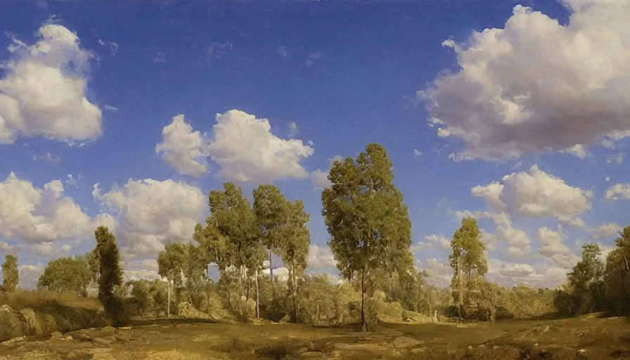 Image similar to a beautiful blue sky with white fluffy clouds by eugene von guerard, ivan shishkin, john singer sargent