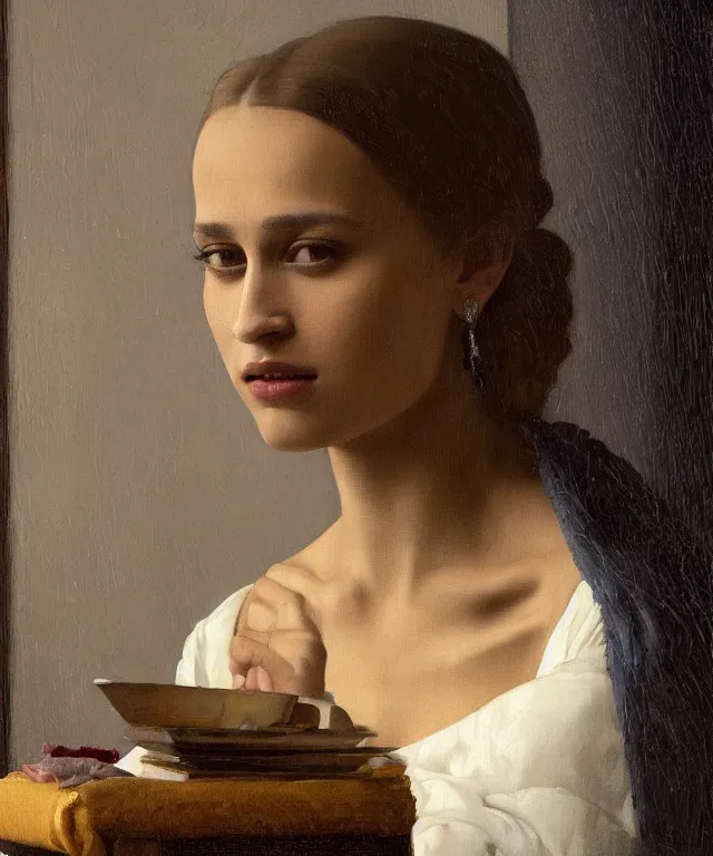 Image similar to a highly detailed, beautifully lit portrait of a pretty, young alicia vikander sitting at a table by an open window, oil painting portrait by vermeer and bouguereau