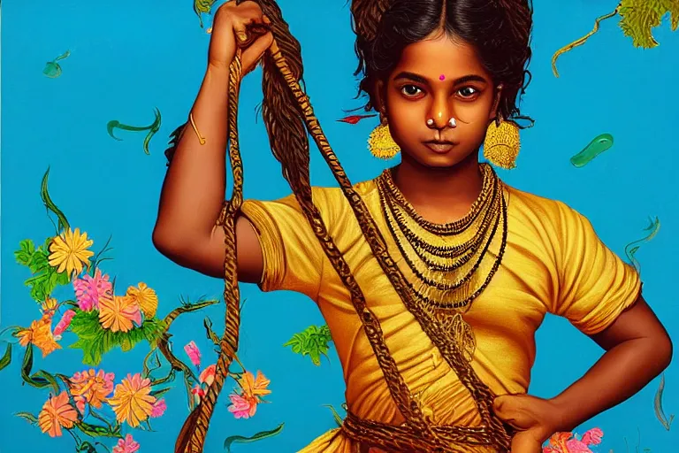 Image similar to a happy sri lankan girl pirate with iridescent skin by kehinde wiley