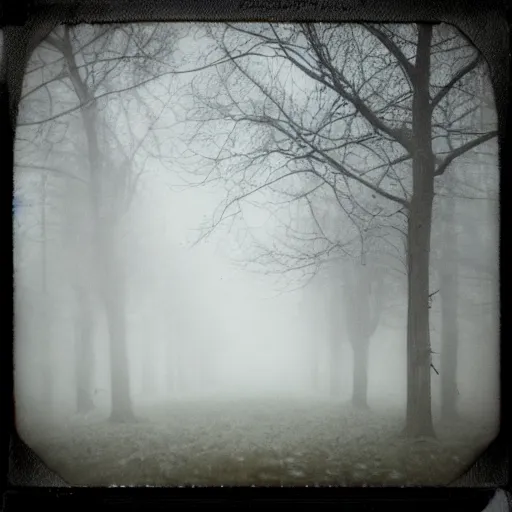 Prompt: the fog is thick shelter for ghosts, polaroid photography in style of andrey tarkovski, eerie, mystical, sublime