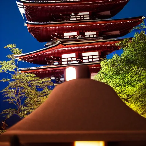 Image similar to photo of beautiful femal nina on top of a Japanese temple, night, cinematic, high detail, 8k,