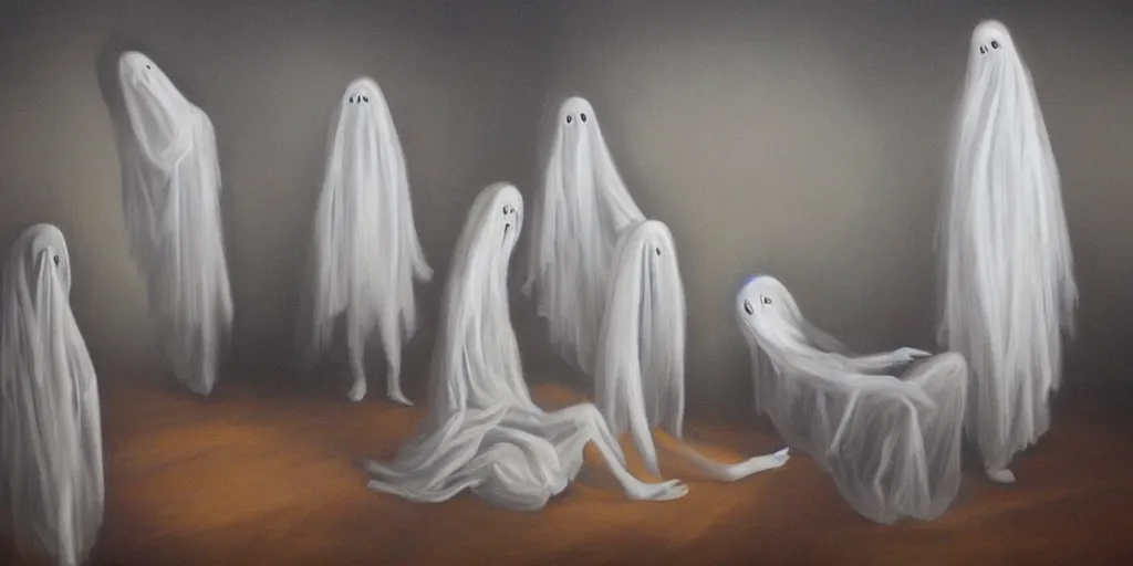 Image similar to surreal painting of ghosts in a room