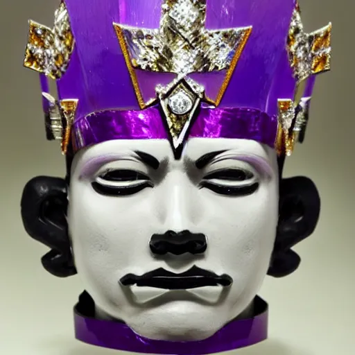 Prompt: transformer with white face, purple crown, diamond shaped gem in the forehead